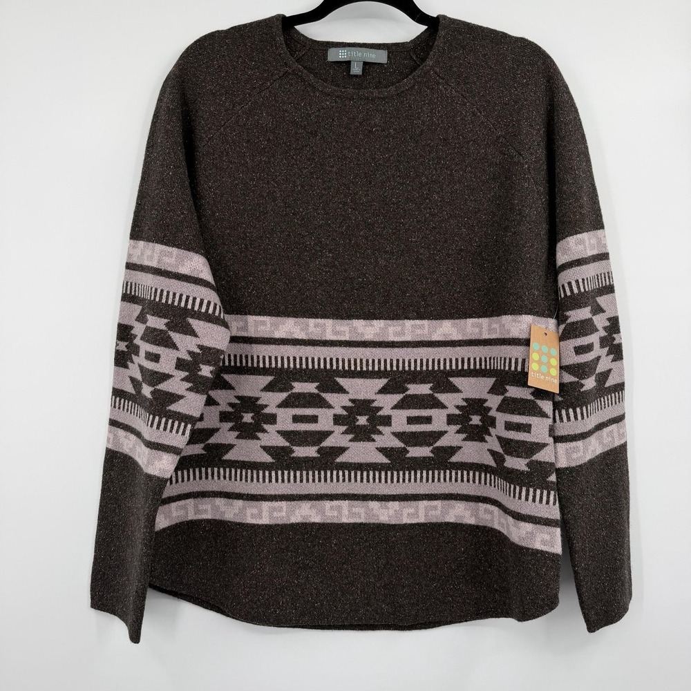 Title Nine Sweater Womens Large Brown Aztec Crew Neck Pullover Silk Wool Relaxed